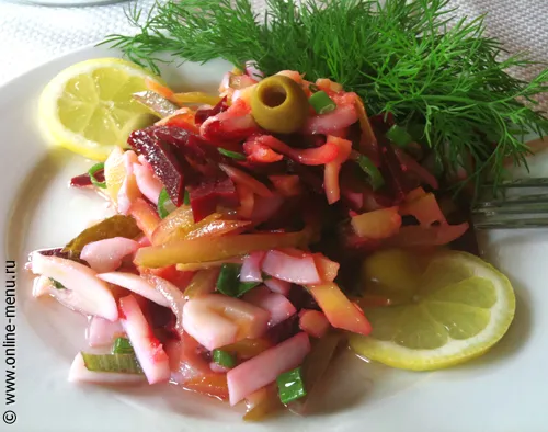 Винегрет с кальмарами и горошком по столовой рецептуре